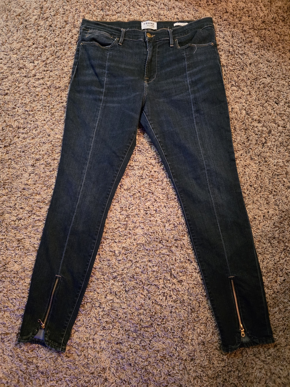 Frame Denim Dark Indigo High-Rise Skinny Jeans with Ankle Zippers